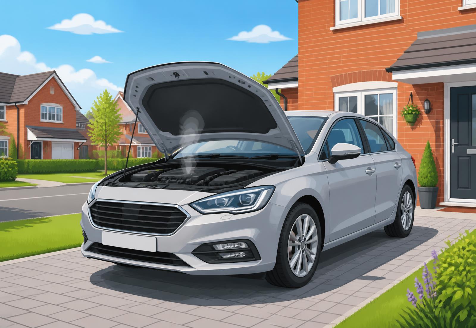 Cartoon illustration of a modern car with the bonnet open on a UK driveway